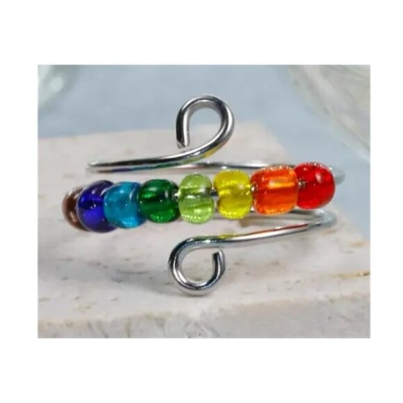 Silver - Sensory, Fidget, Spinner, or Worry Ring - Silver with Colored Beads - Picture 2 of 2